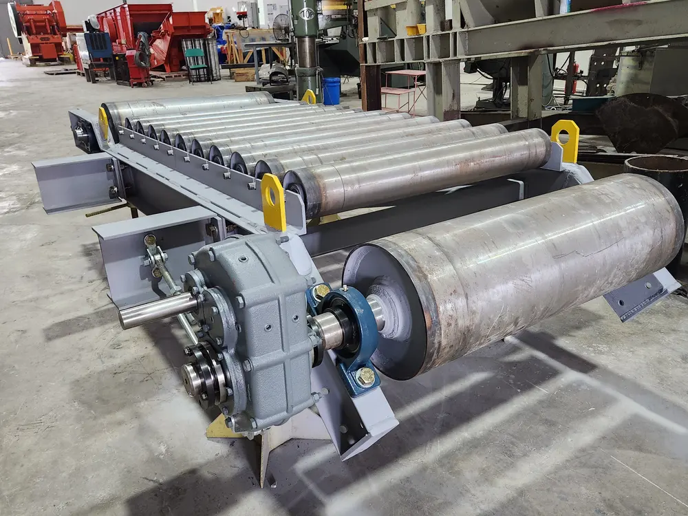 Fabricated belt feeder with roller bed, gearbox, pillow-block bearings and lifting lugs in the Q² Machines workshop