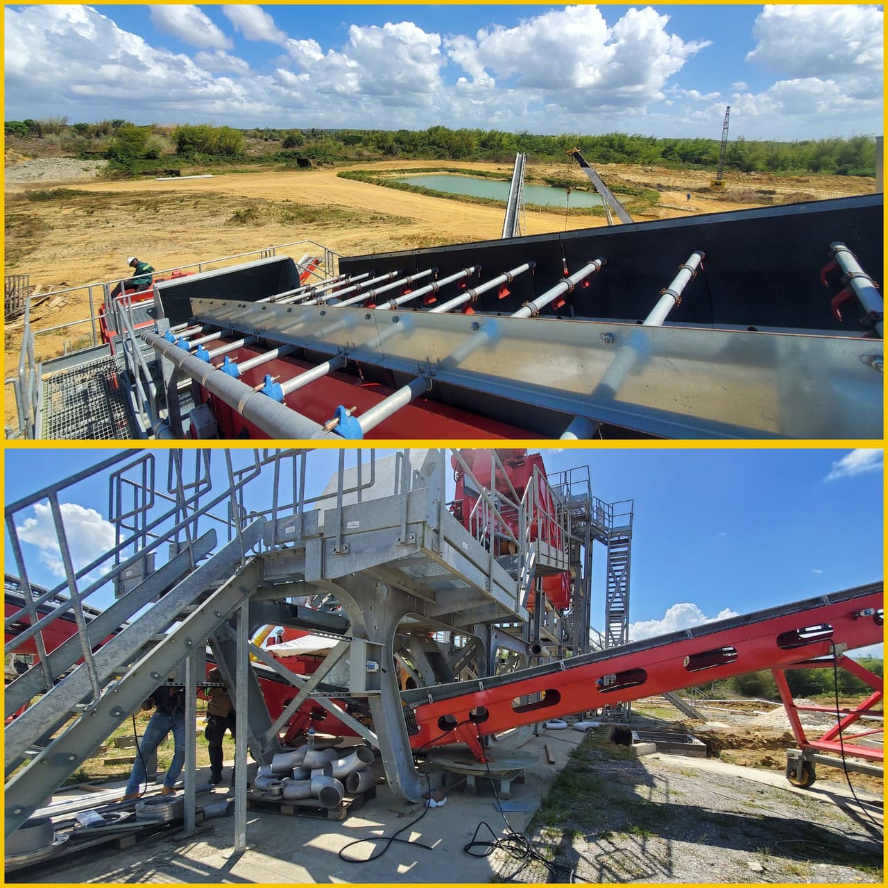 Screen deck and access platform at a processing plant, shown in two views